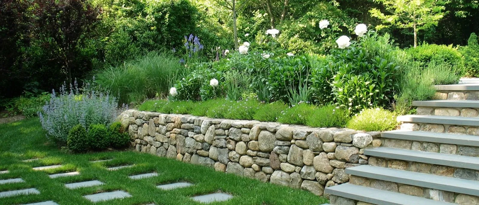 Natural stone retaining wall with stone steps through a garden